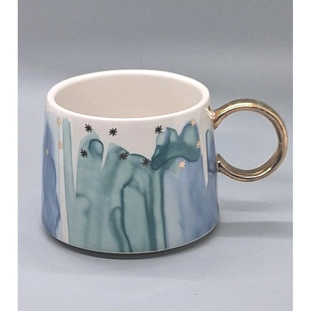 Anthropologie Night Sky Watercolor Mug One Size Ceramic White Blue Gold Starry
